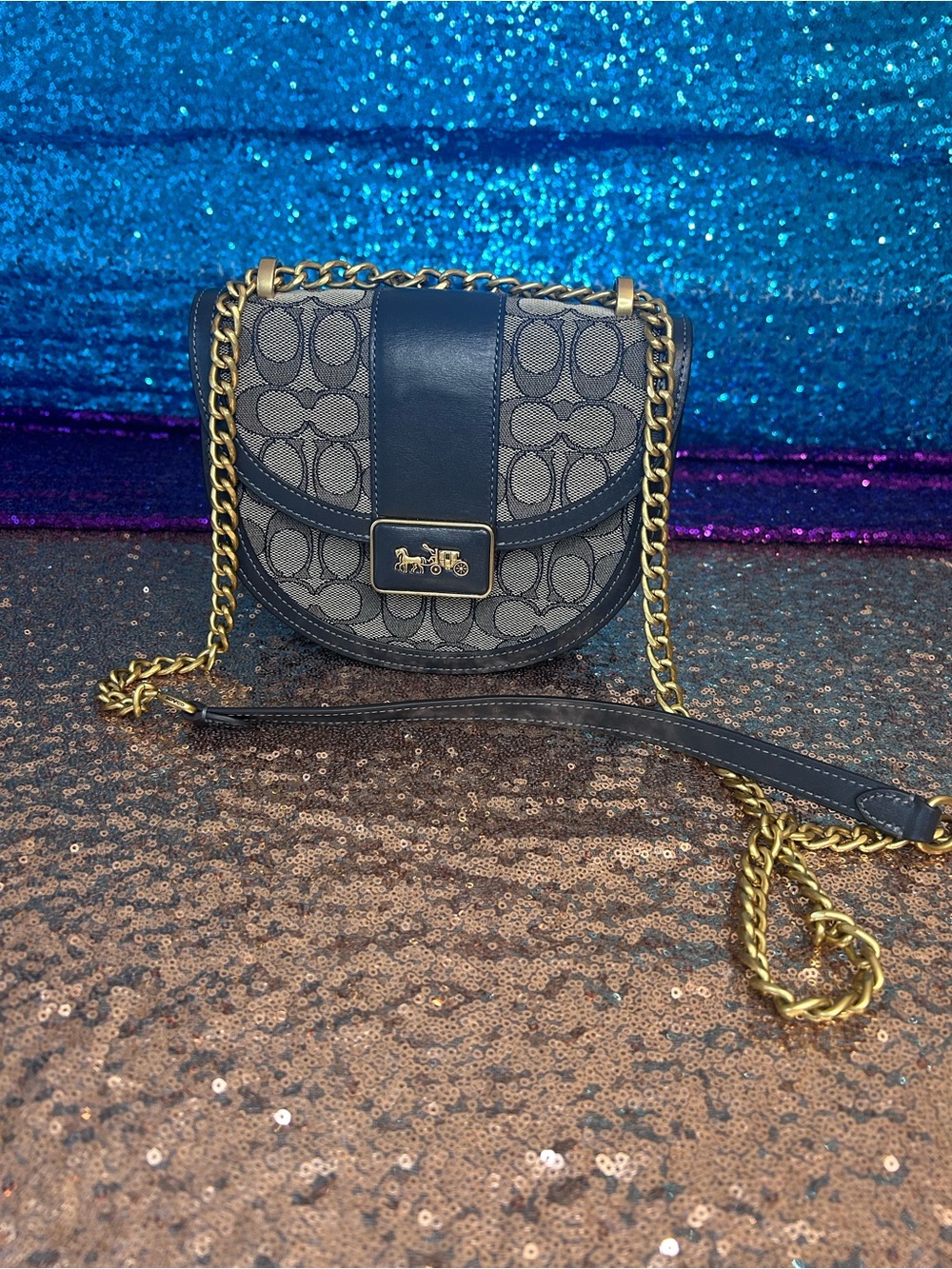 Coach Navy Signature Canvas Crossbody with Gold Chain